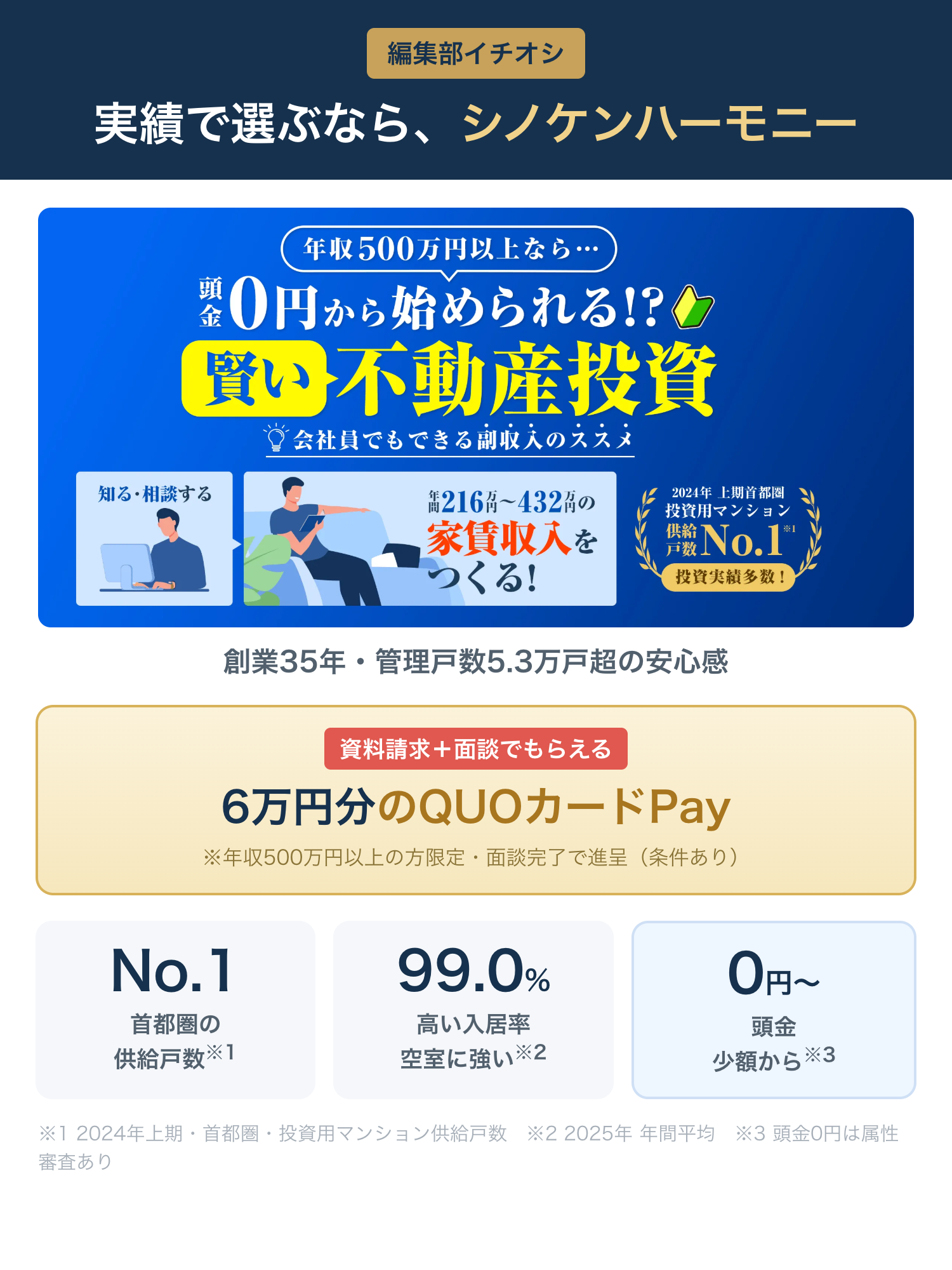 編集部イチオシ シノケンハーモニー:6万円分QUOカードPay特典(年収500万以上・面談で・条件あり)/供給戸数No.1(2024上期首都圏)/入居率99.0%/頭金0円〜/創業35年